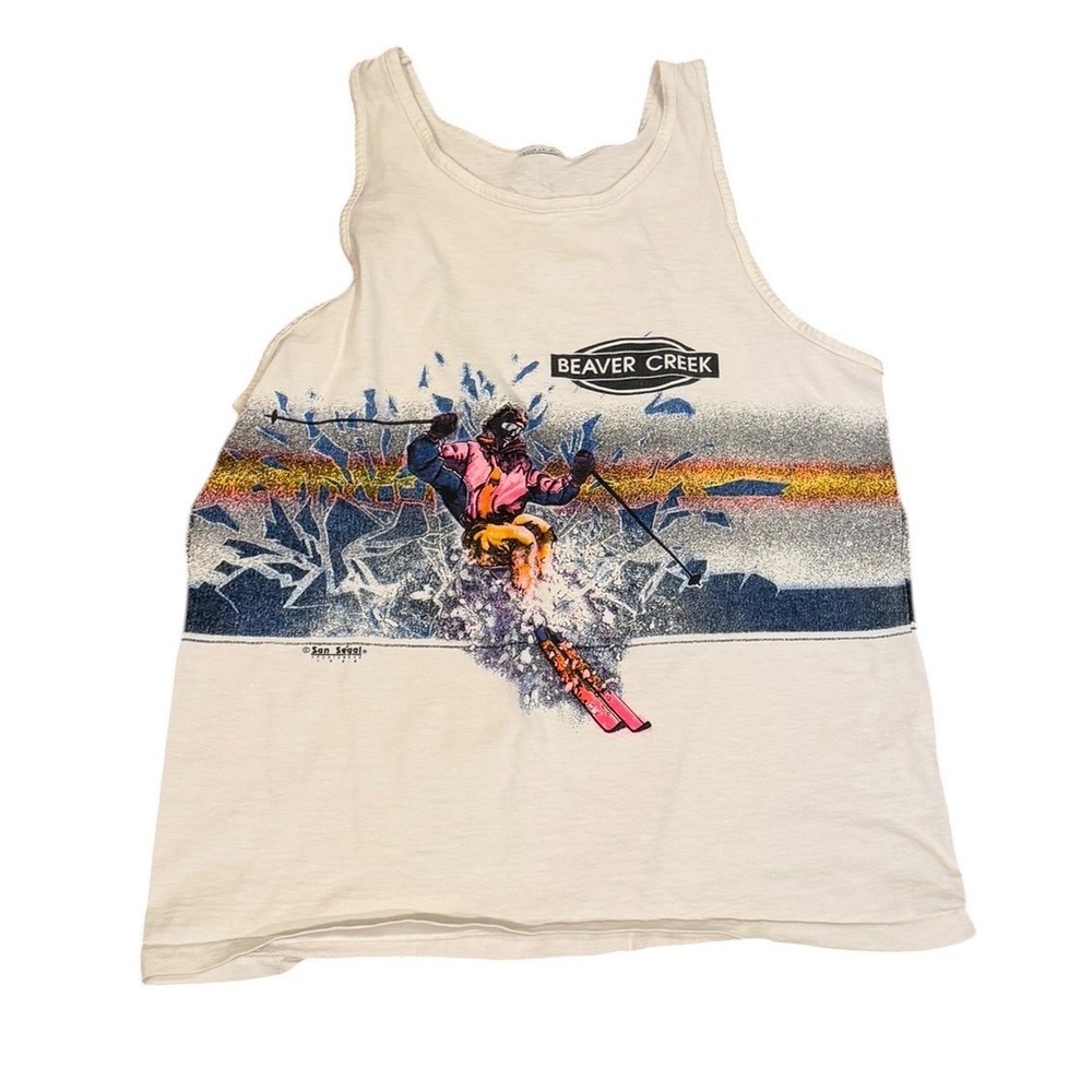 Vtg San Segal Beaver Creek Ski Tank Top Mens White Neon Graphic 90s autographed